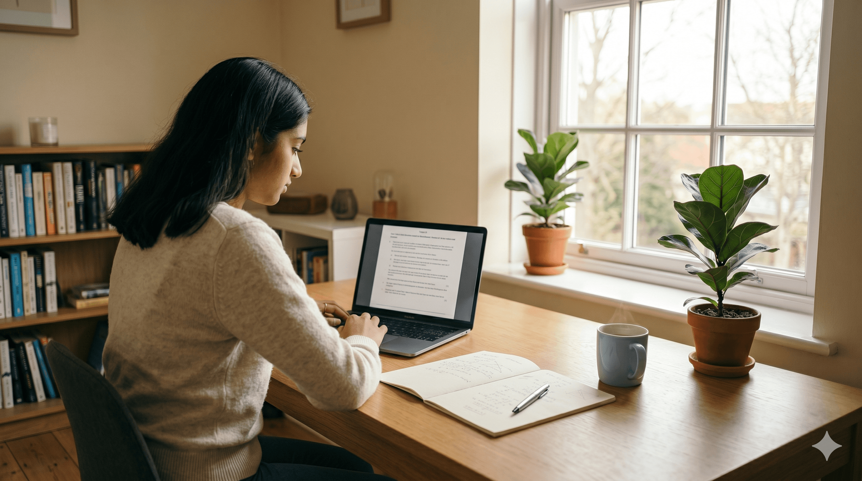 A teenager working at a home desk in soft afternoon light